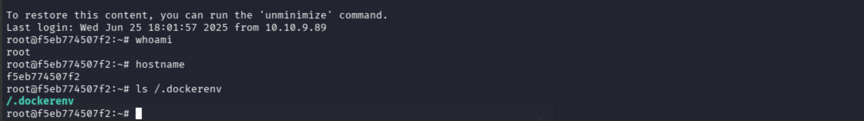 /.dockerenv exists confirming we are inside a Docker container